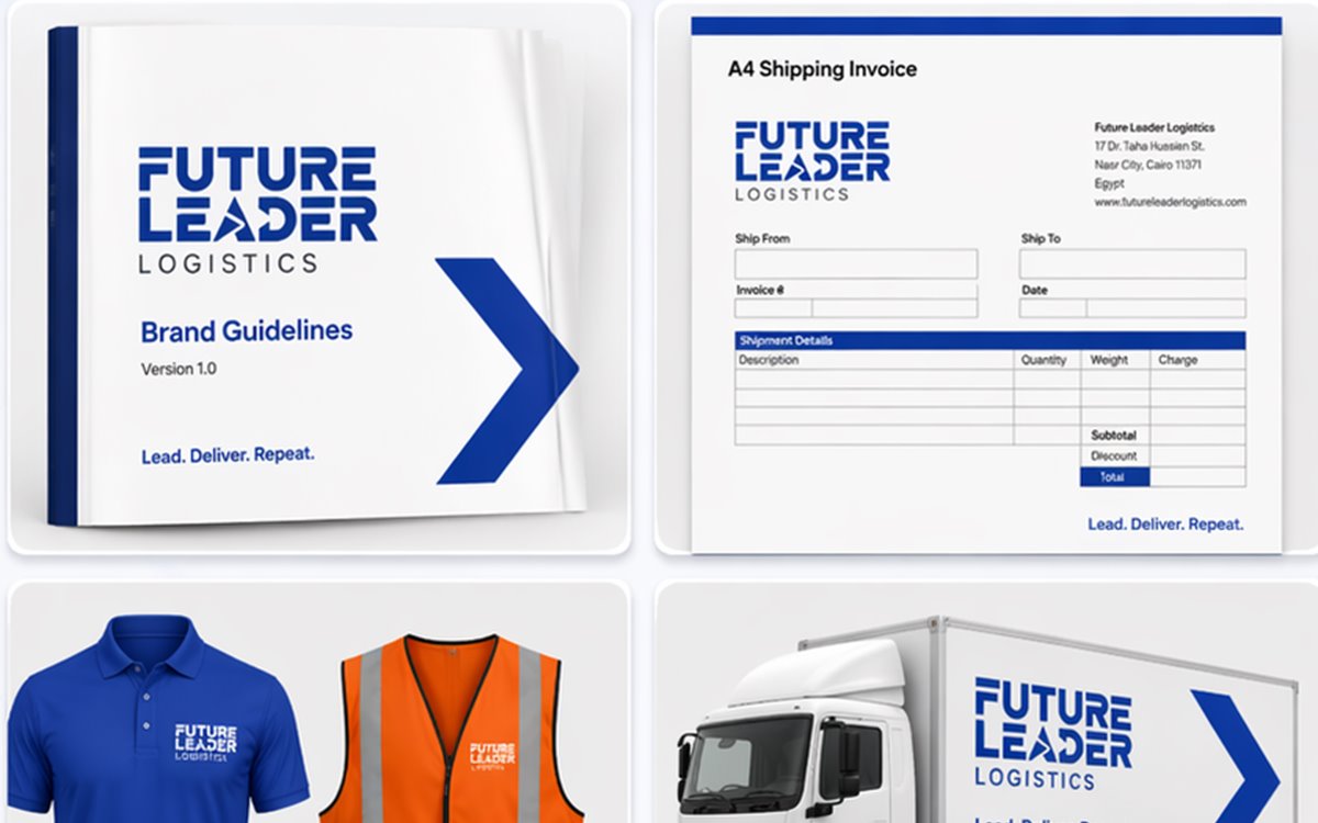 Future Leader Logistics identity applied to documents, apparel, and vehicles.