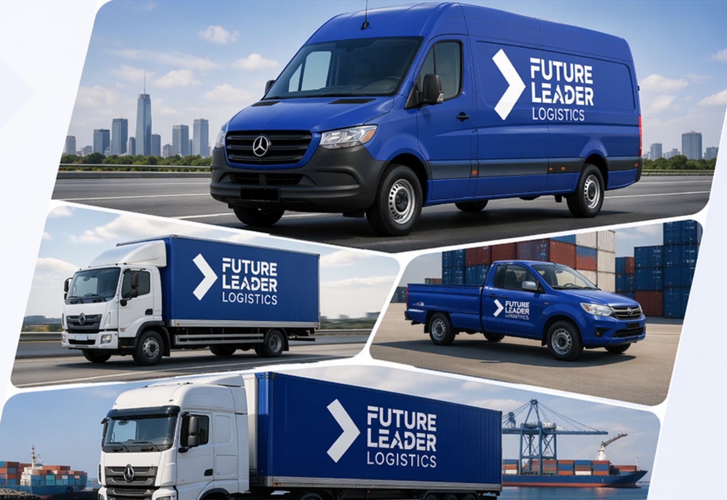 Future Leader Logistics branded fleet collage across multiple transport vehicles.