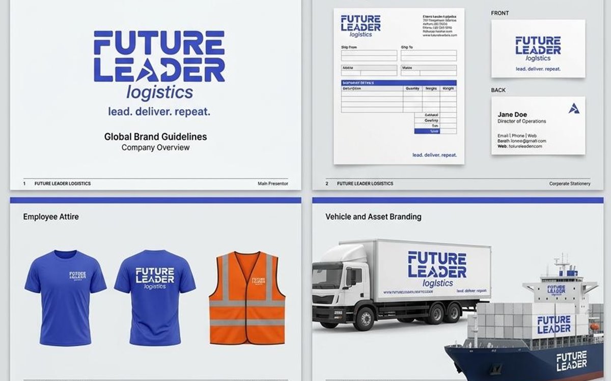 Future Leader Logistics logo variations and identity proposal.